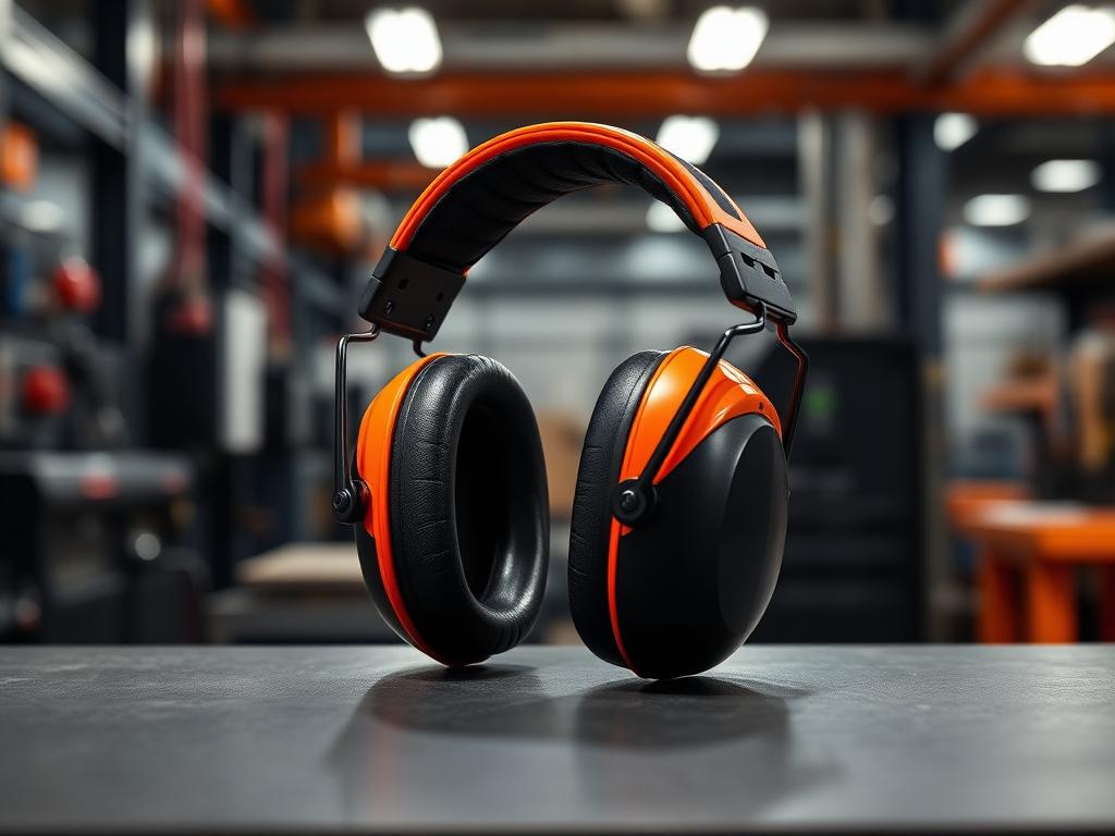 Industrial hearing protection headphones on a manufacturing workbench