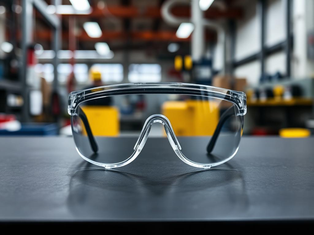 Clear safety glasses on a manufacturing workbench